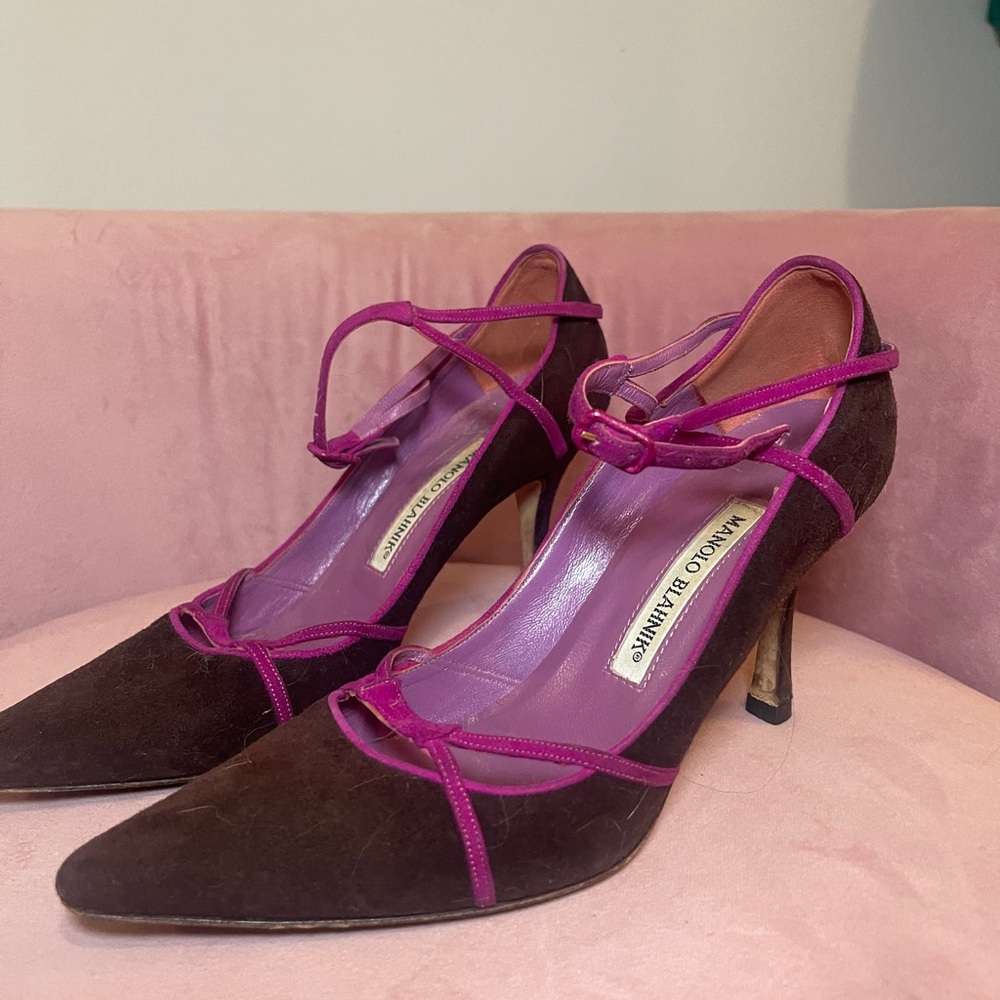 Manolo Blahnik Women's Brown and Pink Heels - size 6.5, 36.5